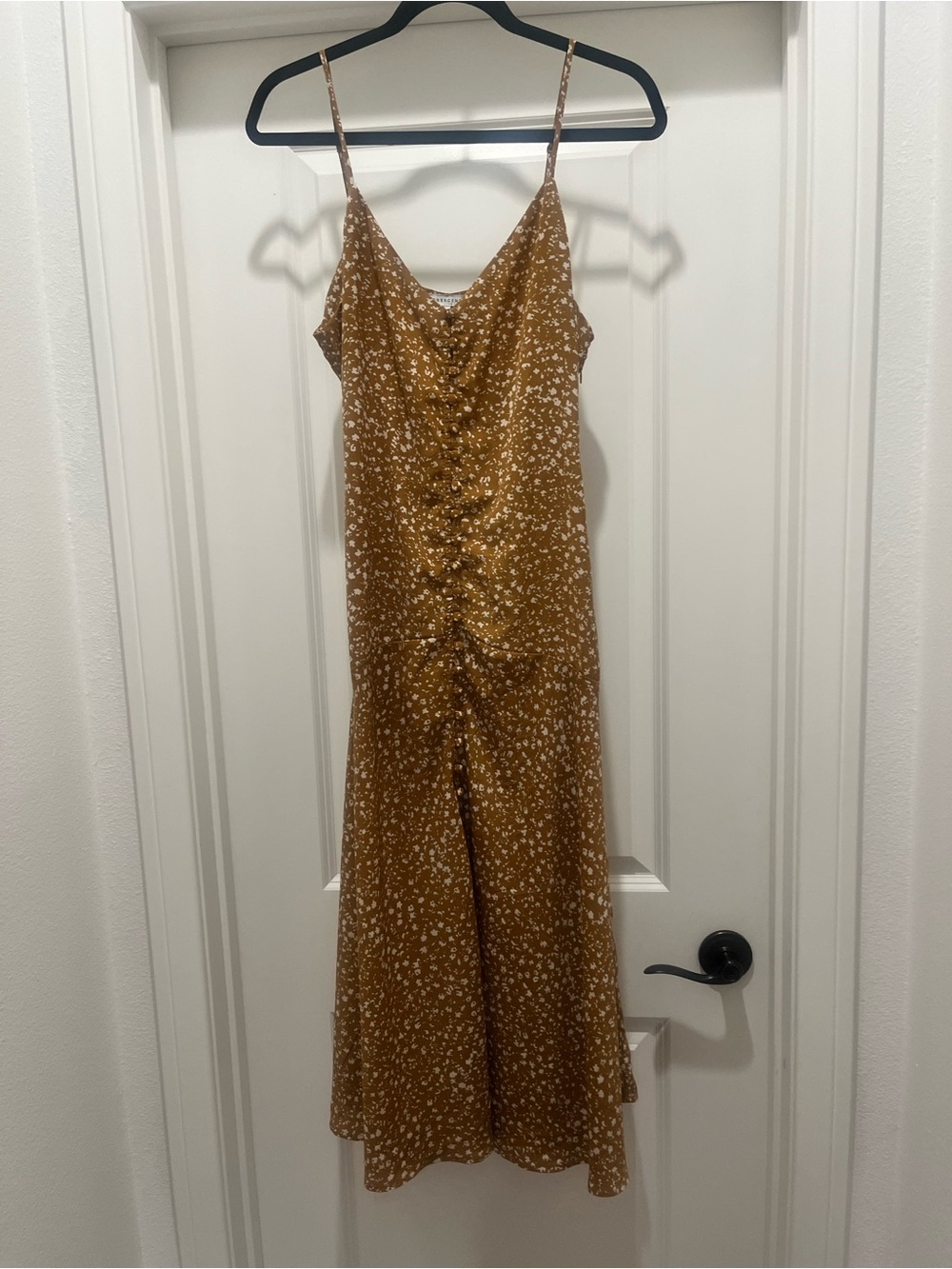 Crescent Mustard Floral Spaghetti-Strap Midi Dress